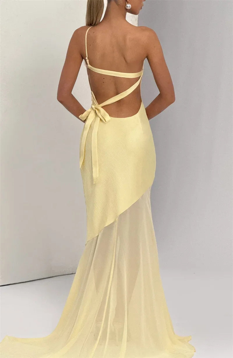 One Shoulder Backless Sexy Maxi Dress Women Gown Fashion Patchwork Sleeveless Bodycon Club Party Long Dress Elegant