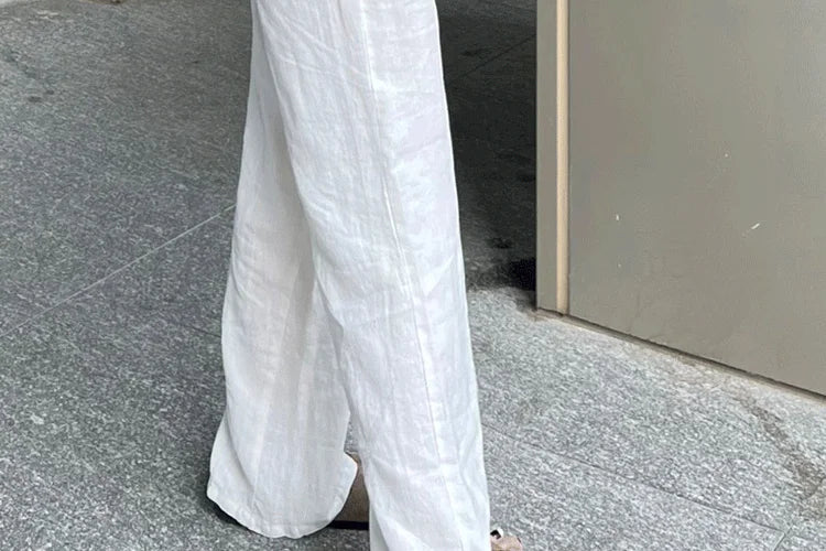 Women's Linen Wide Leg Pants Spring Summer Thin Loose Casual Straight Trousers Comfortable White