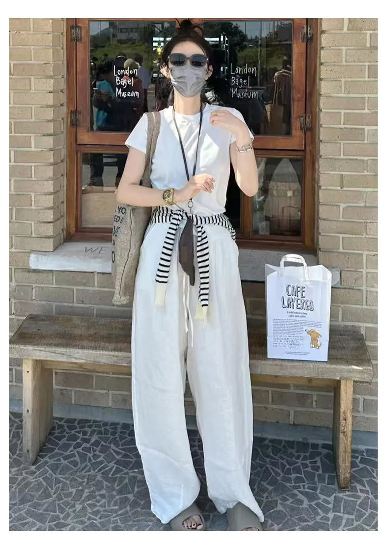 Women Navy Blue Cotton Linen Straight Wide Leg Pants 2026 New Thin High Rise Loose Lazy Fit Spring Summer Daily Casual Trousers