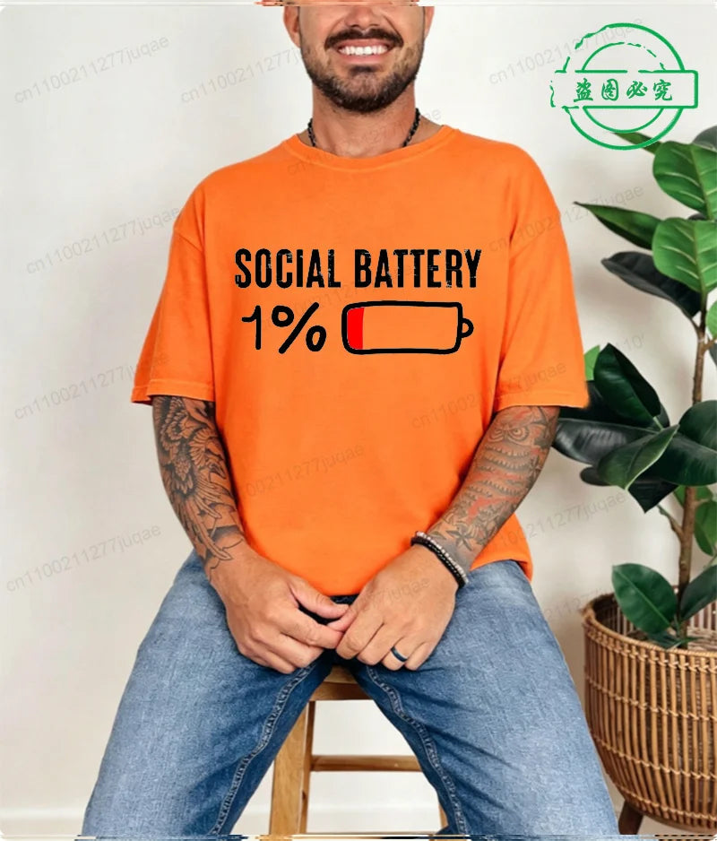 T-shirt for Men Social Battery 1 Percent Funny Introvert T Shirt Men Tops Casual Clothing Oversize Vintage Clothes Trend Tshirt