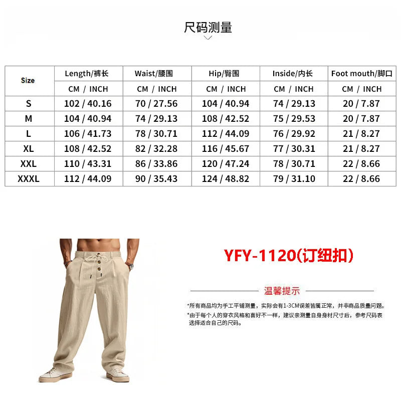 Men's Boho Linen Blend Wide Leg Pants High Waist Drawstring Button Fly Loose Fit Trousers with Side Pockets