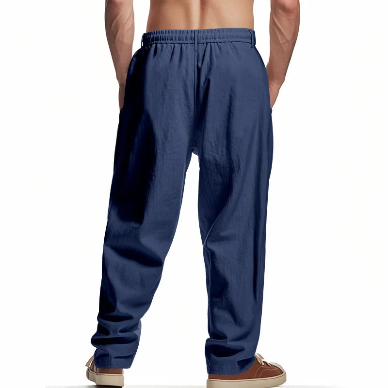 Men's Boho Linen Blend Wide Leg Pants High Waist Drawstring Button Fly Loose Fit Trousers with Side Pockets