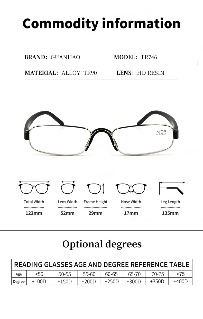 Guanhao Transparent Optical Men Reading Glasses Clear Women Presbyopia Hyperopia Reading Glasses Frame Alloy Ultralight HD View