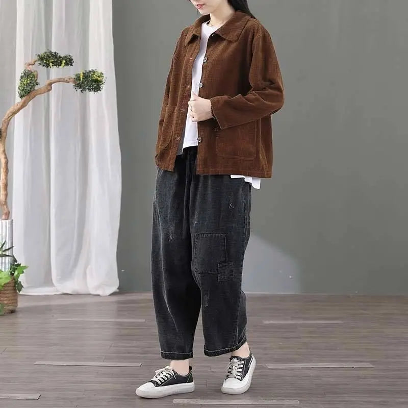 Corduroy Jacket Women's Shirt Spring Autumn New style Retro Long sleeved Loose Korean version High-end Lady Short Windbreaker