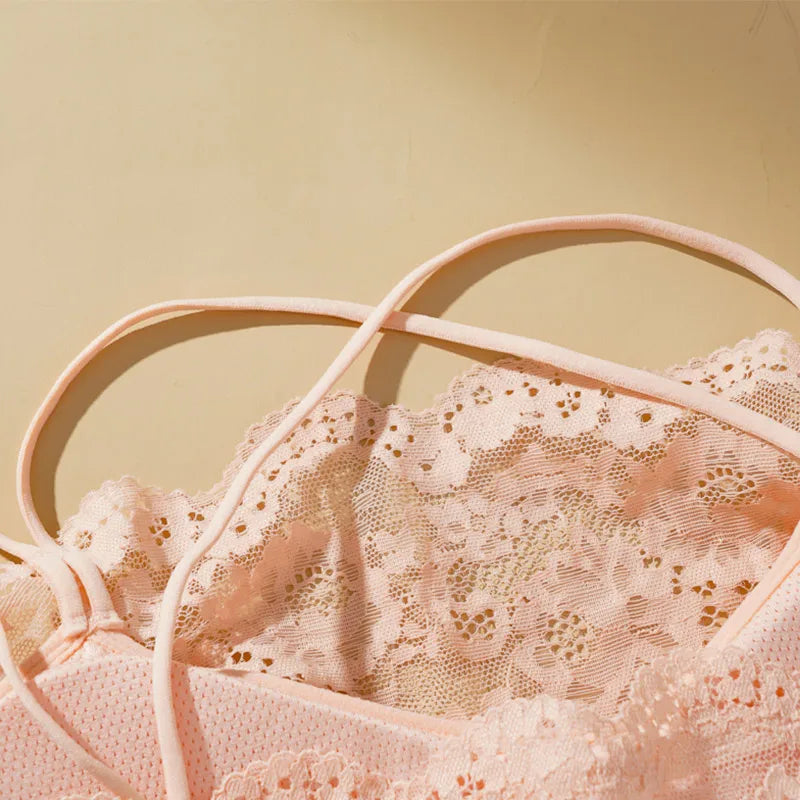Ladies' Summer Sexy Backless Lace Camisole Underwear Underwire Bra Without Steel Rings Shoulder Straps For Support Breathable