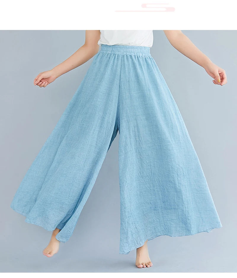 Cotton Linen Wide Leg Pants for Women Summer Casual Loose Pants High Waist Big Swing Skirt Capris Women Clothing PT-565