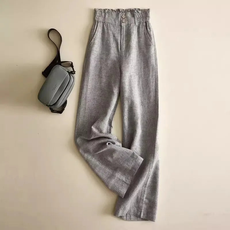 Grey Linen Wide Leg Pants Women's High Waist Drapey Loose Casual Cotton Linen Pants Flower Bud Waist Flax Straight Long Pants