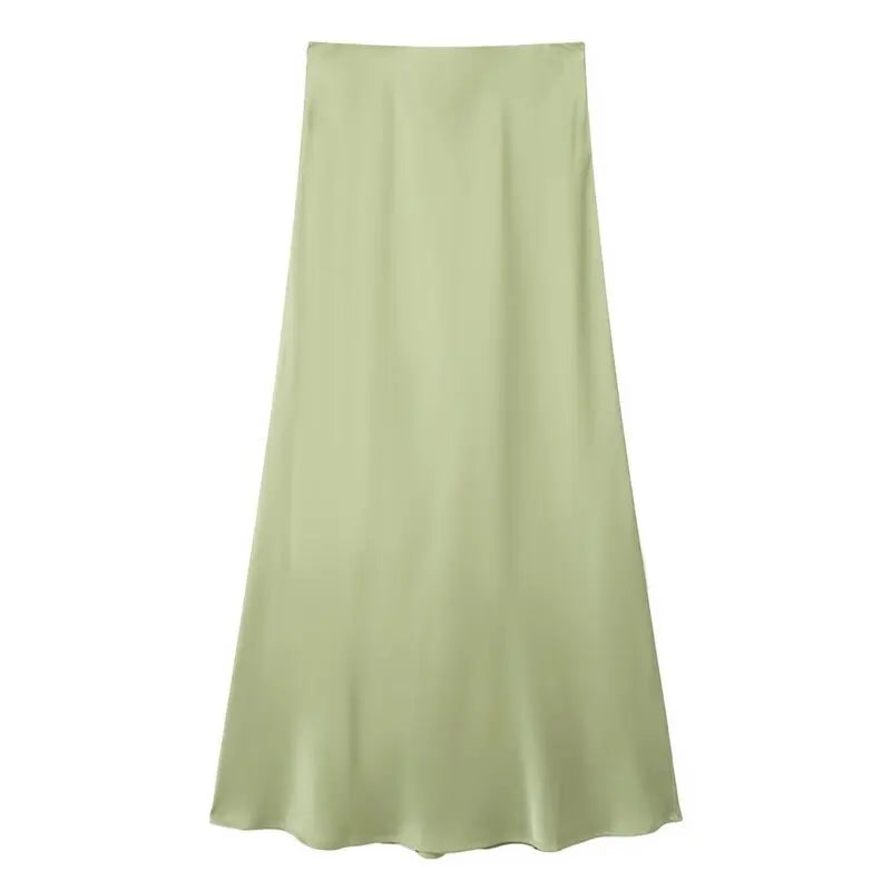 Silk Satin High Waist Slimming Casual Midi Skirt Pure Color Spring 2025 Women's Faion f-length A-line Skirt