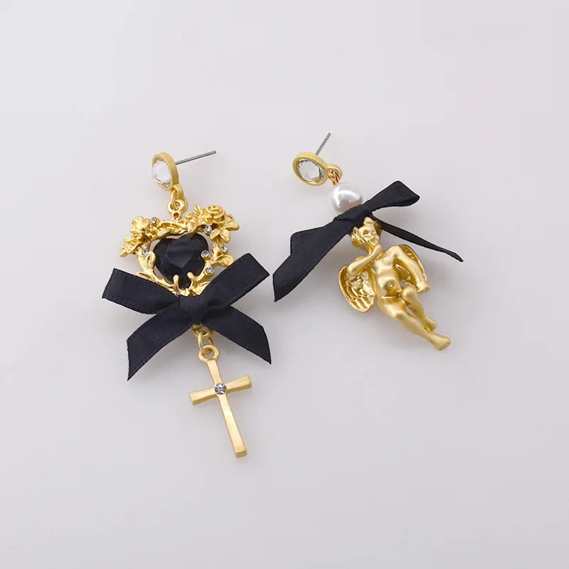 Baroque Asymmetrical Vintage Cross Pearl Pendant Earrings For Women Lady Crsytal Heart Angel Ear Rings Classic Long Earring