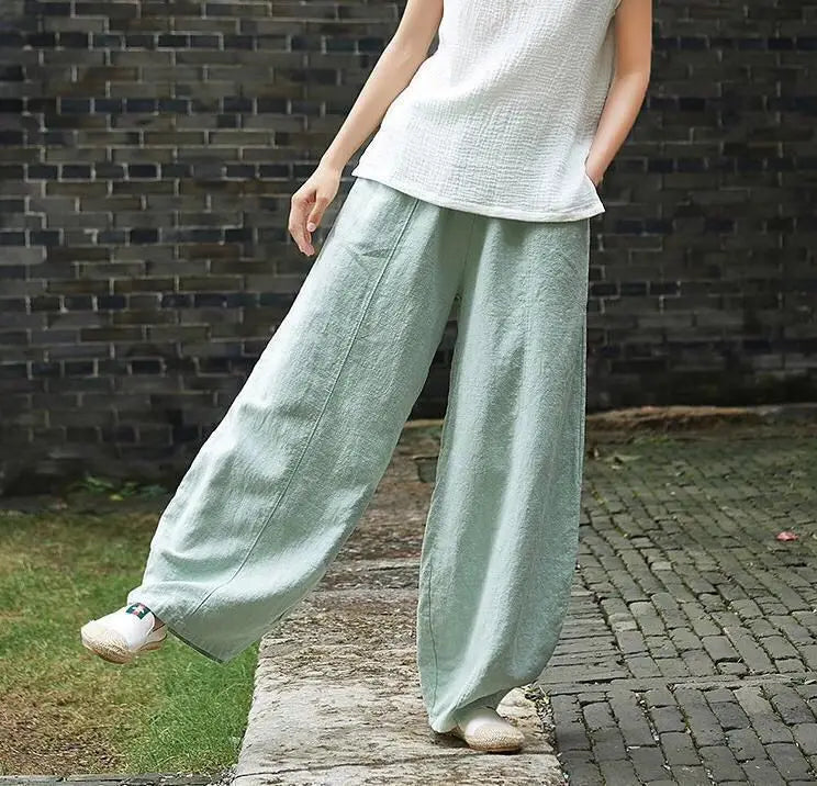 Cotton Linen Bloomers Wide Leg Pants Women Vintage Full Length Fashion Elegent Pants Solid Elasitic Waist Spring Autumn 5XL