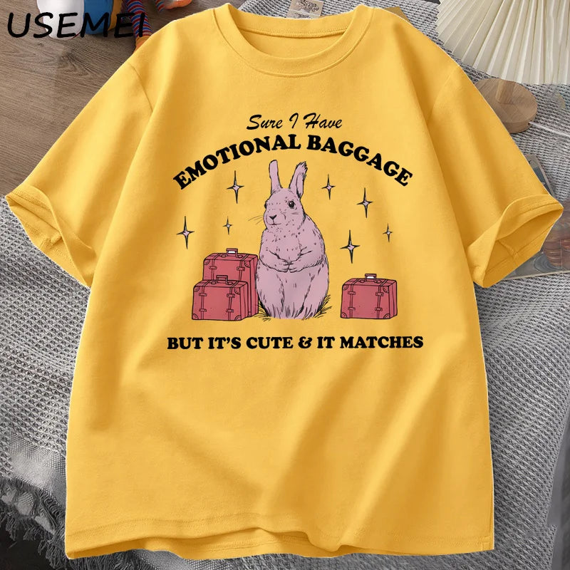 Sure I Have Emotional Baggage Funny Mental Health T Shirts Women Men Vintage Rabbit Tee Shirt Summer Short Sleeve Graphic Tees