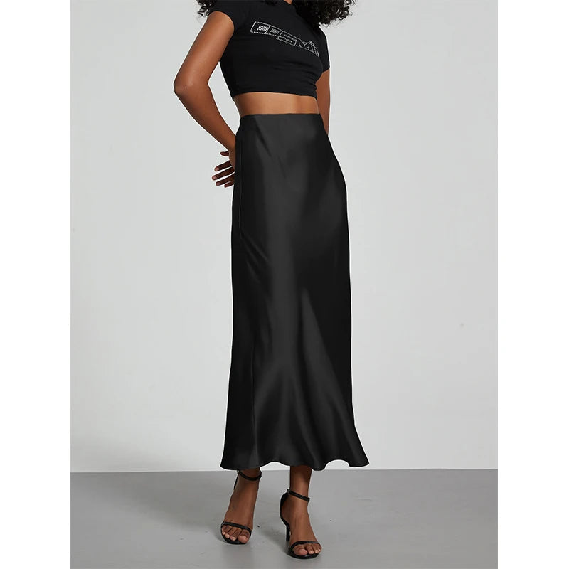 Minimalist Satin Midi Skirt  High Waist Bias Cut Flowy Hem Top for Office & Casual Streetwear