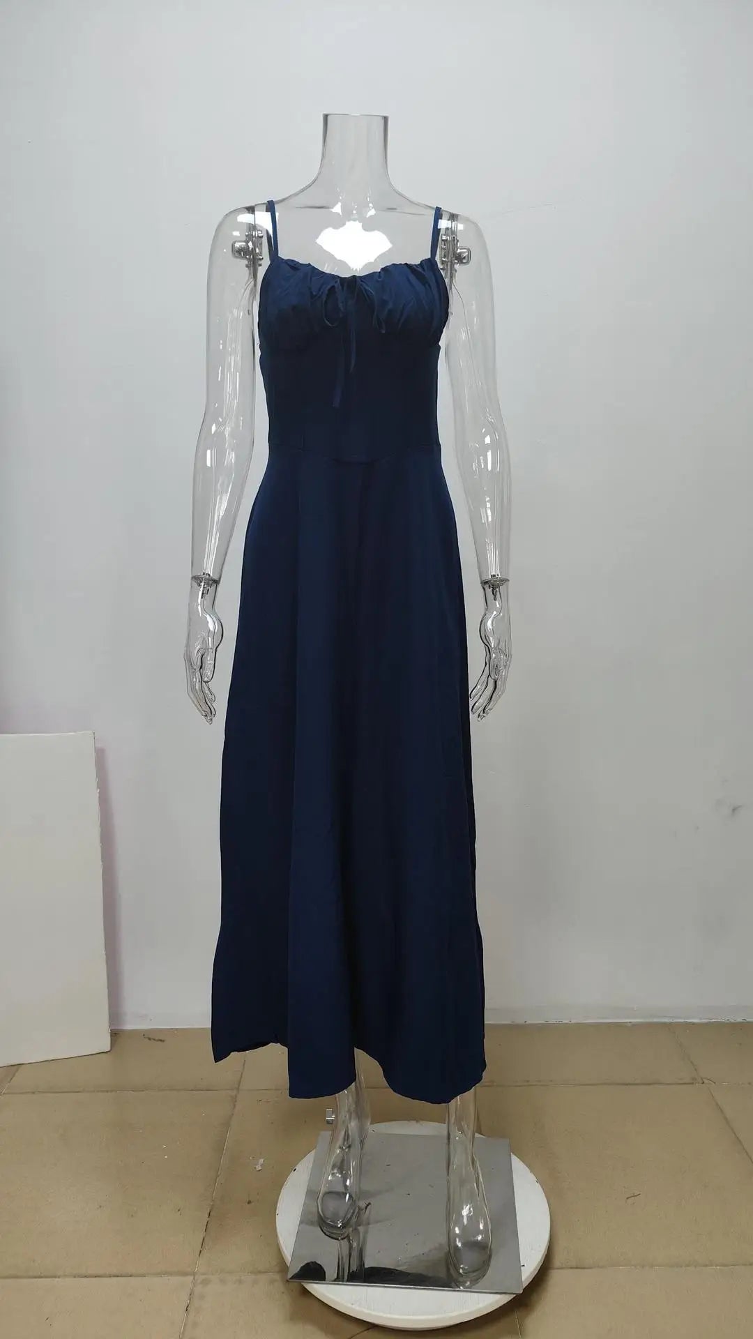 Elegant Strappy Sexy Backless Maxi Dress Women's Summer Fashion Solid Round Neck Pleated Waist Slim Evening Dress Long Dresses
