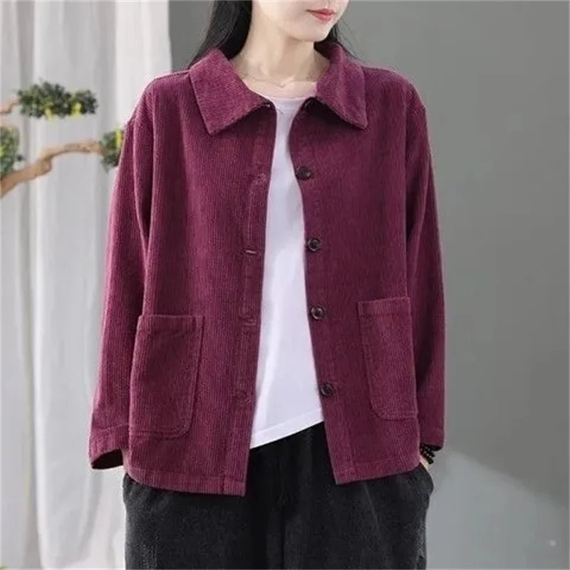 Corduroy Jacket Women's Shirt Spring Autumn New style Retro Long sleeved Loose Korean version High-end Lady Short Windbreaker