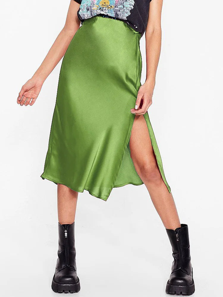Green Satin Midi Skirts For Women Summer Elastic High Waist A Line Slit Skirt Midi Satin Silk Women Skirt With Slit Summer 2024