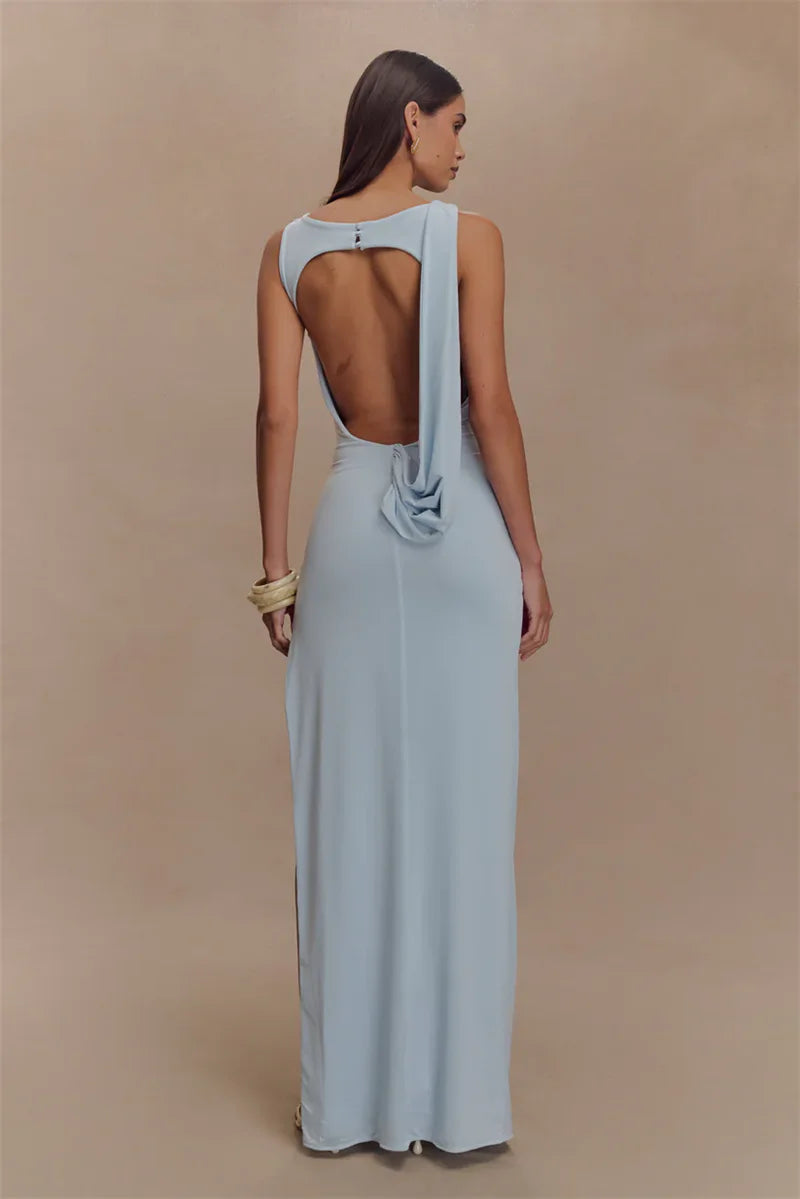 Backless Ruched Sexy Maxi Dress Women Summer O Neck High Split Bodycon Elegant Long Dress Fashion Gown Sleeveless Dresses 2025