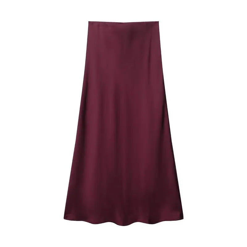 Silk Satin High Waist Slimming Casual Midi Skirt Pure Color Spring 2025 Women's Faion f-length A-line Skirt