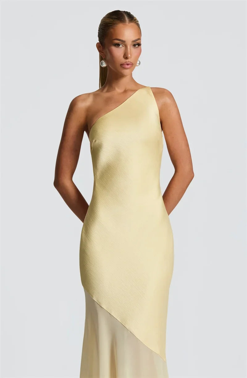One Shoulder Backless Sexy Maxi Dress Women Gown Fashion Patchwork Sleeveless Bodycon Club Party Long Dress Elegant