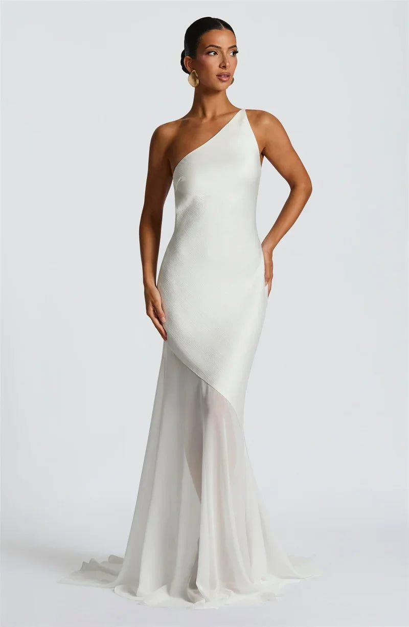 One Shoulder Backless Sexy Maxi Dress Women Gown Fashion Patchwork Sleeveless Bodycon Club Party Long Dress Elegant