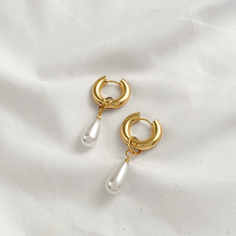 Baroque Pearls Shape Pendant Drop Earrings for Women Gold Plated Stainless Steel Round Circle Huggies Earring Fashion Jewelry