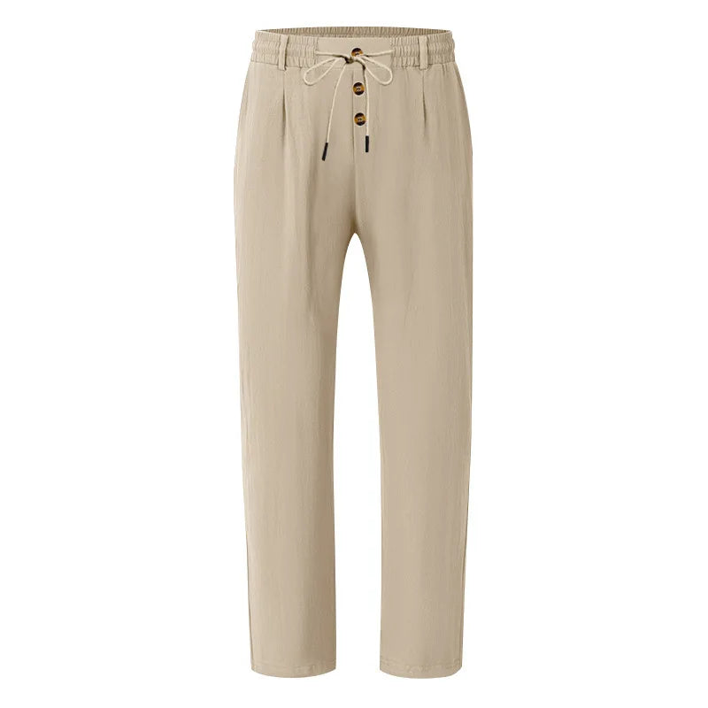 Men's Boho Linen Blend Wide Leg Pants High Waist Drawstring Button Fly Loose Fit Trousers with Side Pockets