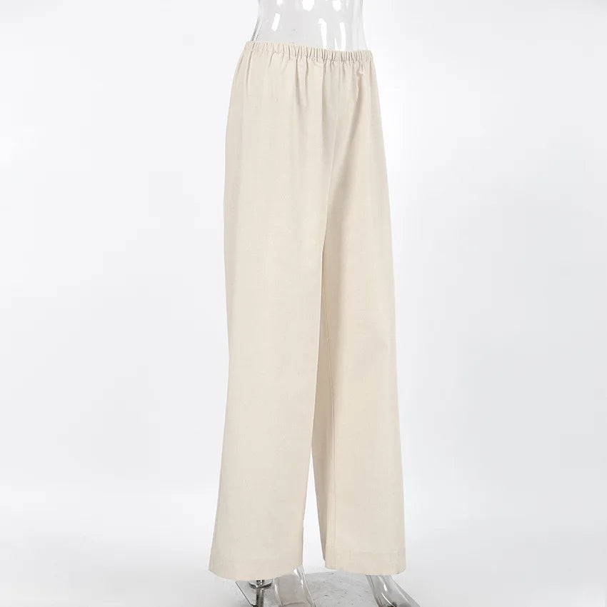 2025 Summer Linen Wide Leg Pants Women Casual Loose Pocket Trousers Office Commuter