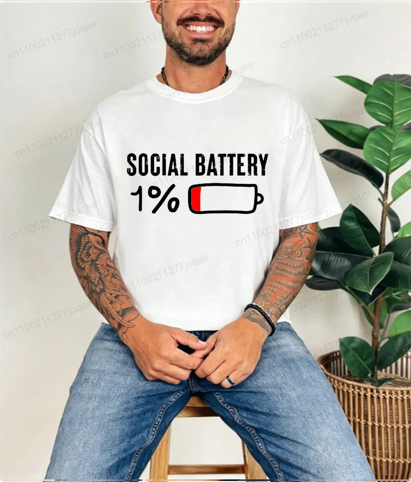 T-shirt for Men Social Battery 1 Percent Funny Introvert T Shirt Men Tops Casual Clothing Oversize Vintage Clothes Trend Tshirt
