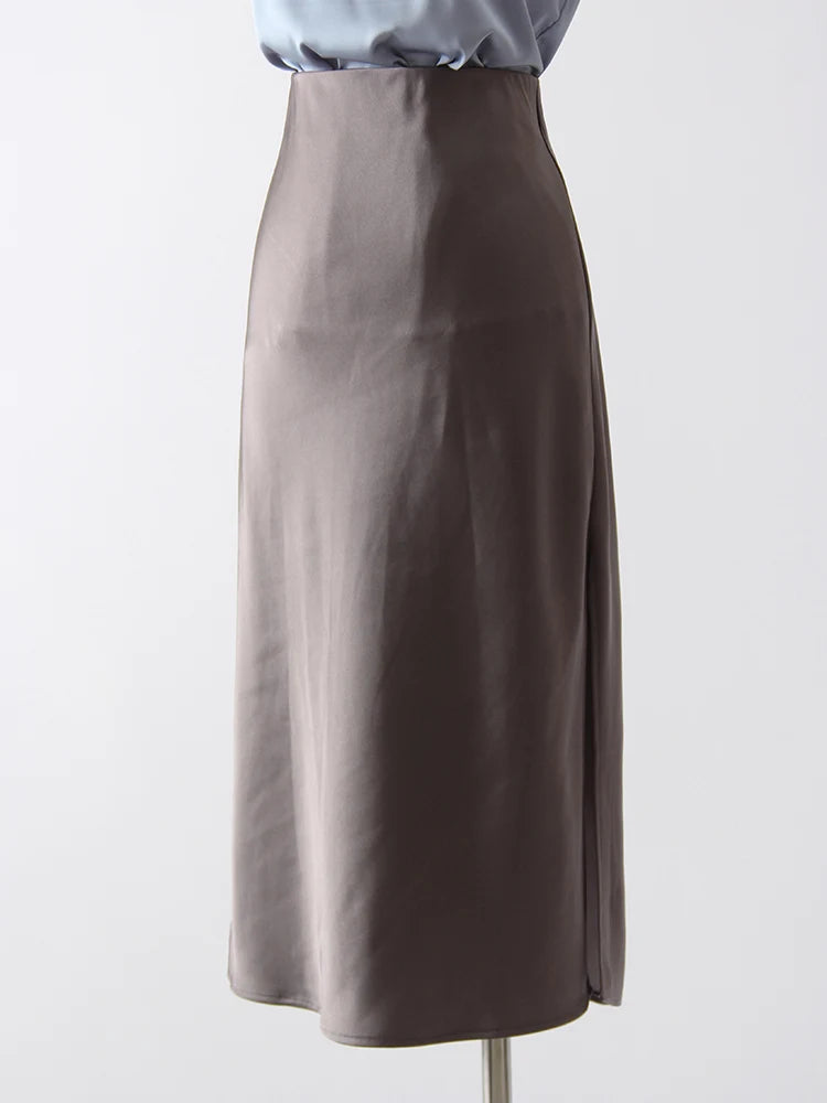 Midi Satin Skirts Women Luxury Summer Black Formal Silk Office Skirt With Slit A Line Green Midi Skirt Burgundy Women Elegant