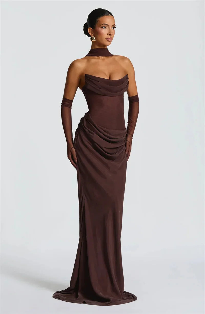 Off-shoulder Backless Sexy Maxi Dress Women Gown Elegant Scarf Collar Strapless Sleeveless Bodycon Club Party Dresses
