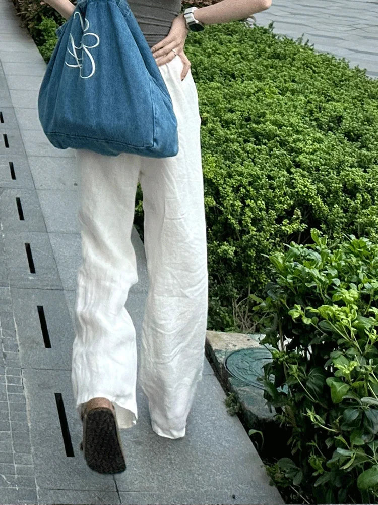 Women's Linen Wide Leg Pants Spring Summer Thin Loose Casual Straight Trousers Comfortable White