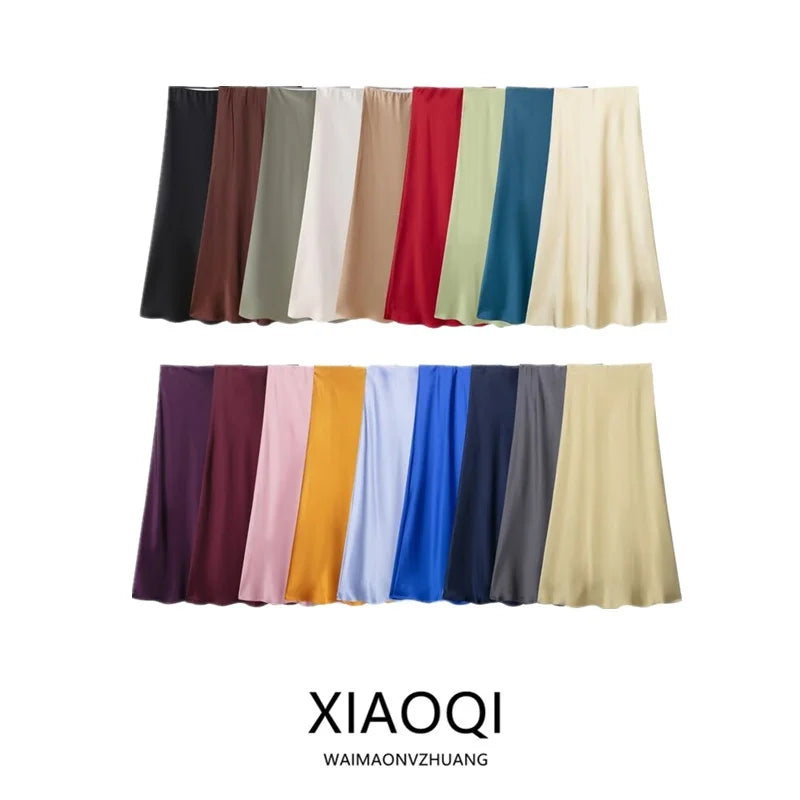 Silk Satin High Waist Slimming Casual Midi Skirt Pure Color Spring 2025 Women's Faion f-length A-line Skirt