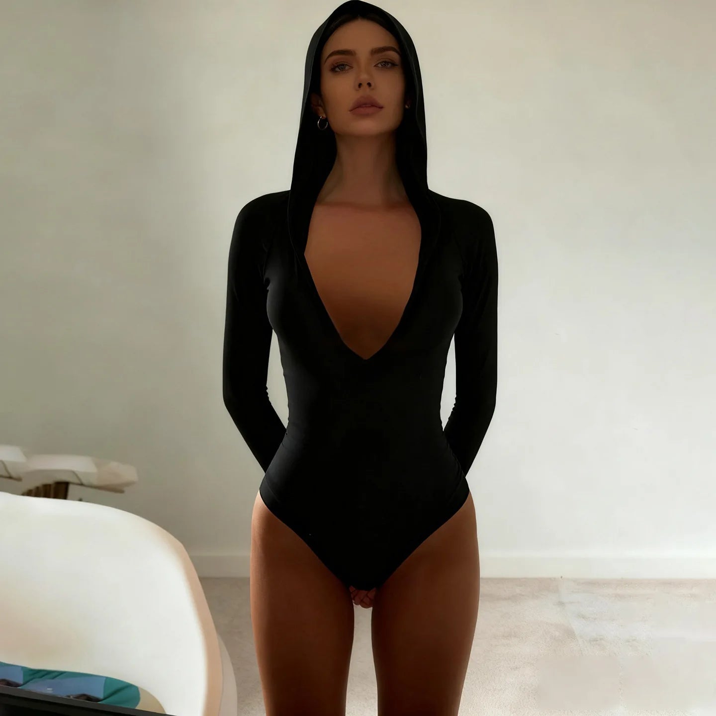 Hooded Bodysuit V-neck Body Feminino Long Sleeve Lingerie Sexy Tops Women Y2k Clothes Solid Black One-pieces Bustier Rave Outfit
