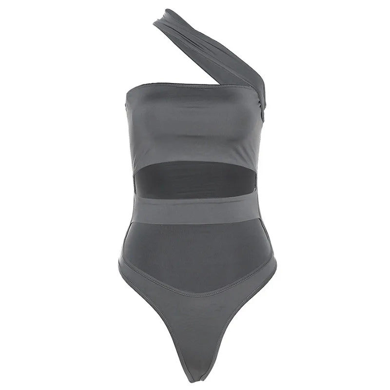 Solid Black Bodysuit Lingerie Sexy Tops For Women Club Outfit Inclined Collar Body Feminino One-pieces Hollow Out Y2k Clothes
