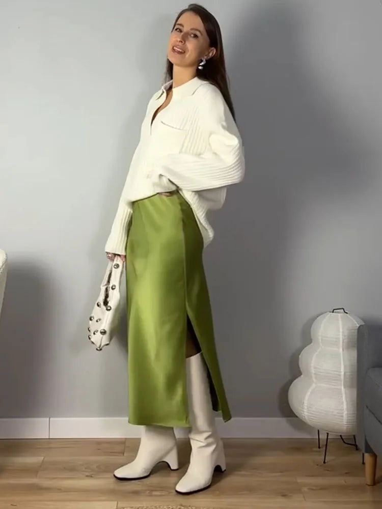 Midi Satin Skirts Women Luxury Summer Black Formal Silk Office Skirt With Slit A Line Green Midi Skirt Burgundy Women Elegant