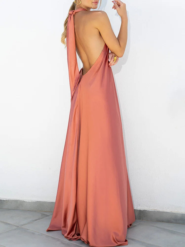 Elegant Women Solid Maxi Beach Dress Sexy Halter Neck Backless Lady Party Dress 2025 Summer Sleeveless Loose Long Dress Vestidos