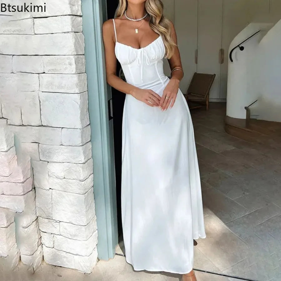Elegant Strappy Sexy Backless Maxi Dress Women's Summer Fashion Solid Round Neck Pleated Waist Slim Evening Dress Long Dresses