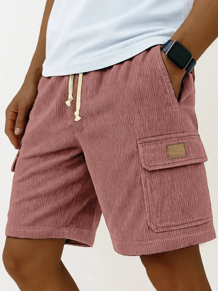 Men's Corduroy Work Shorts, Summer Loose Fit, Drawstring, Mid-Length, Multi-Pocket Striped Casual Shorts