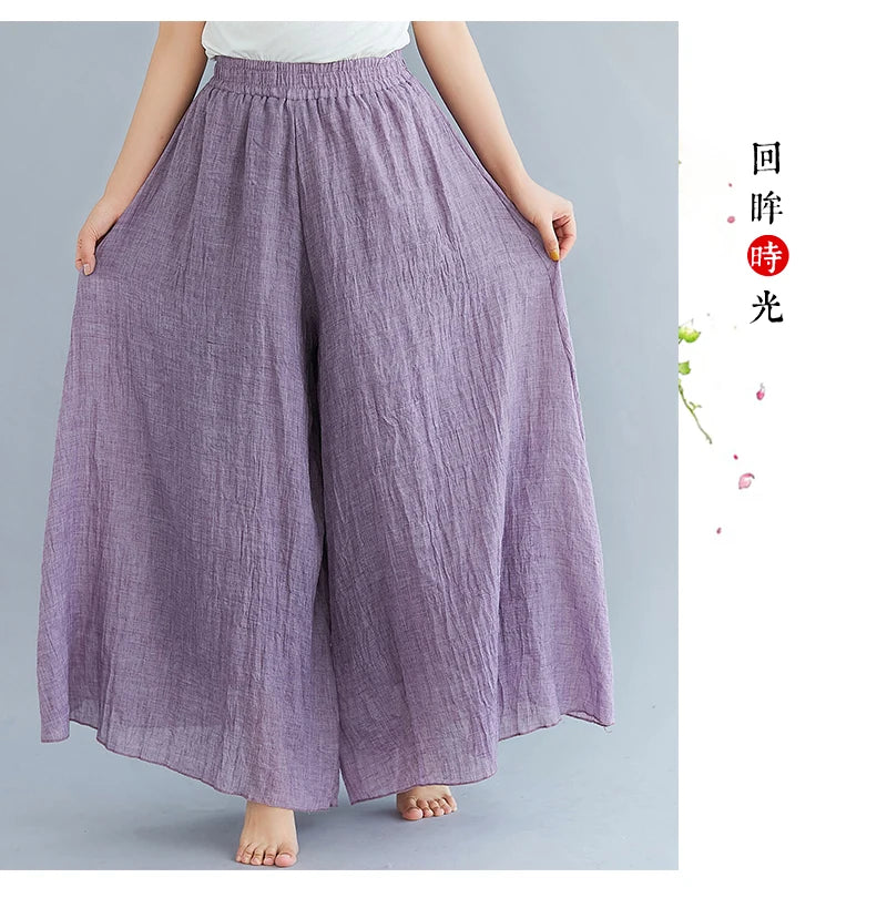 Cotton Linen Wide Leg Pants for Women Summer Casual Loose Pants High Waist Big Swing Skirt Capris Women Clothing PT-565