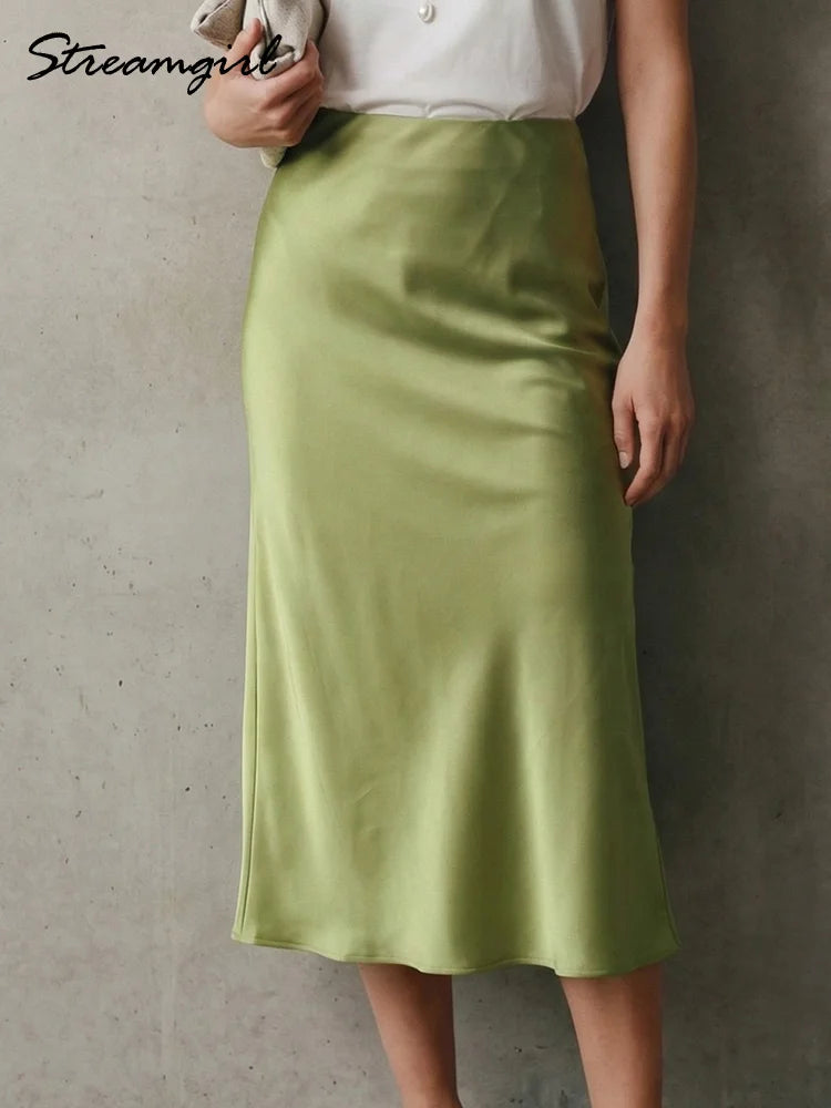 Midi Satin Skirts Women Luxury Summer Black Formal Silk Office Skirt With Slit A Line Green Midi Skirt Burgundy Women Elegant