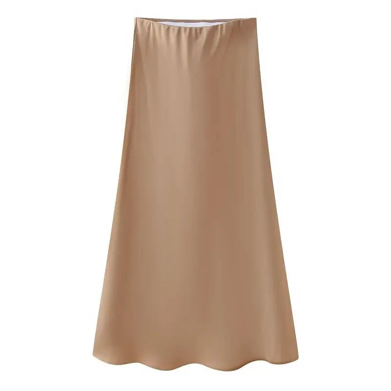 Silk Satin High Waist Slimming Casual Midi Skirt Pure Color Spring 2025 Women's Faion f-length A-line Skirt