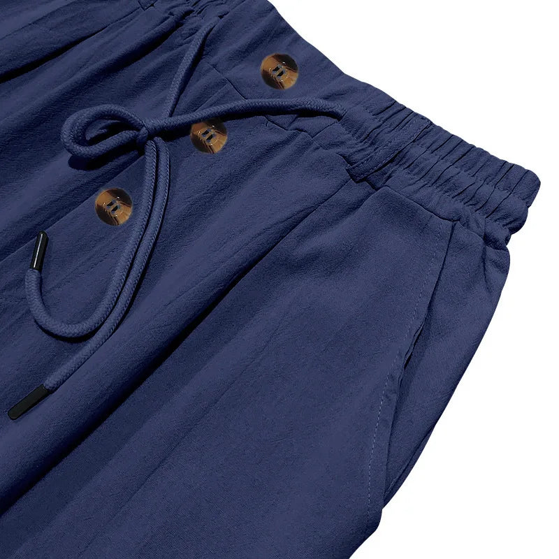 Men's Boho Linen Blend Wide Leg Pants High Waist Drawstring Button Fly Loose Fit Trousers with Side Pockets