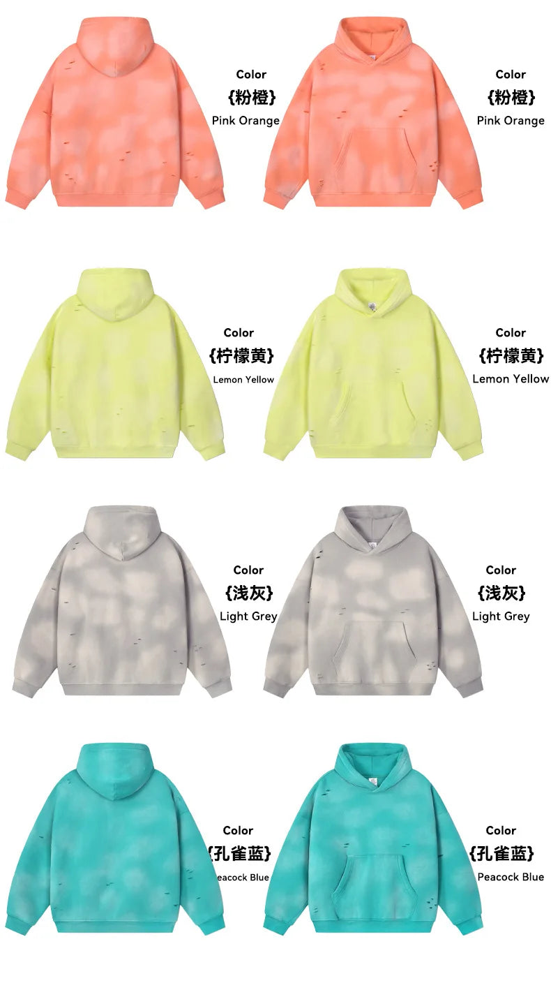 Oversized Hoodies Men Vintage Streetwear Acid Wash Ripped Hoodie Heavyweight Fleece Sweatshirt Pullover Thickened Winter Clothes