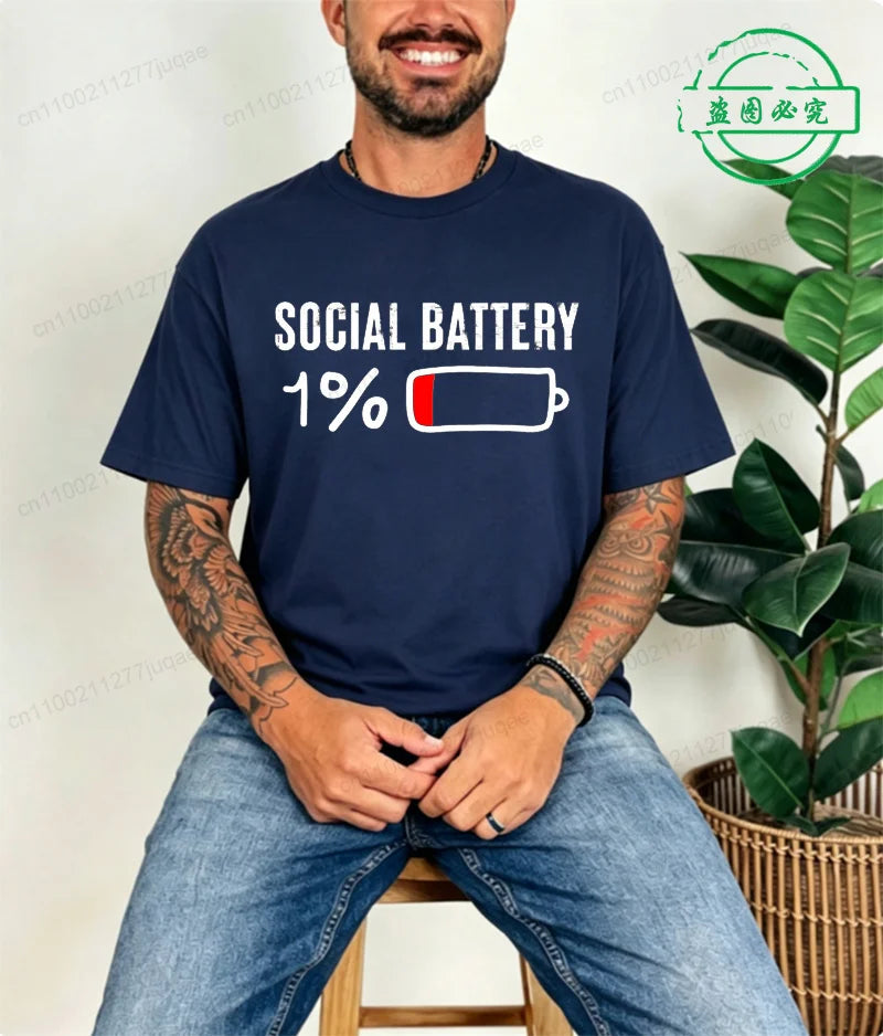 T-shirt for Men Social Battery 1 Percent Funny Introvert T Shirt Men Tops Casual Clothing Oversize Vintage Clothes Trend Tshirt