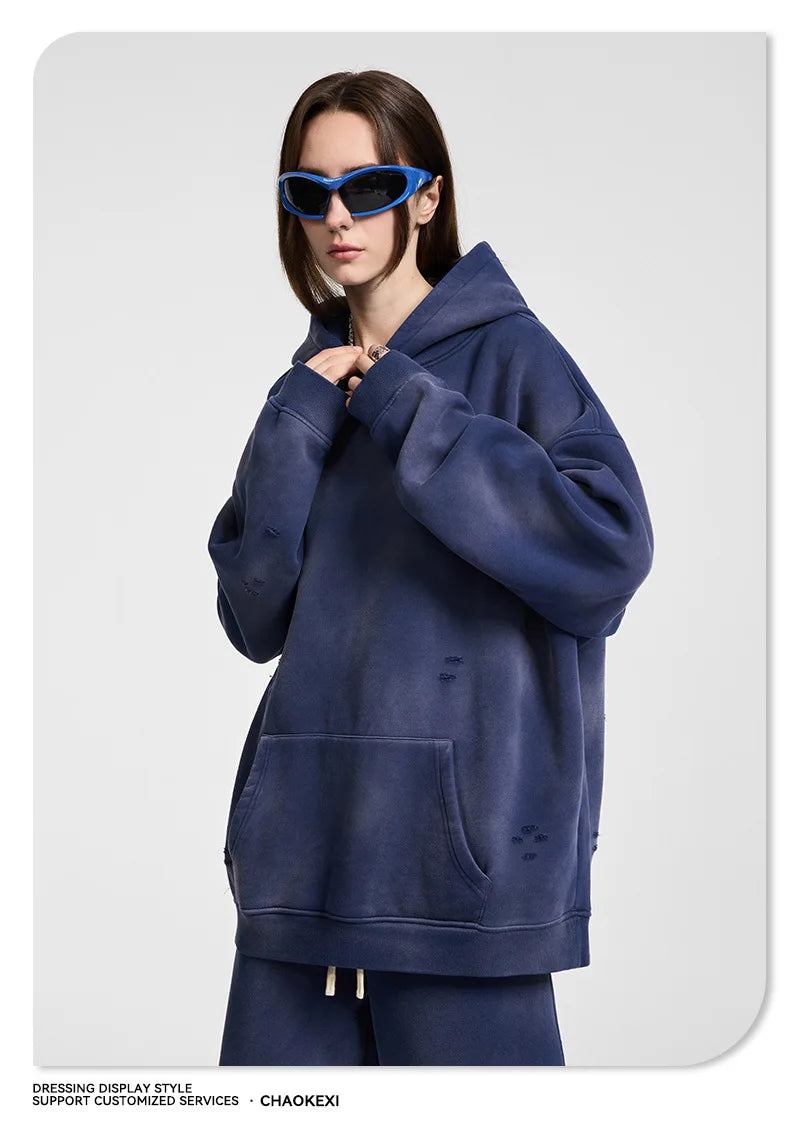 Oversized Hoodies Men Vintage Streetwear Acid Wash Ripped Hoodie Heavyweight Fleece Sweatshirt Pullover Thickened Winter Clothes
