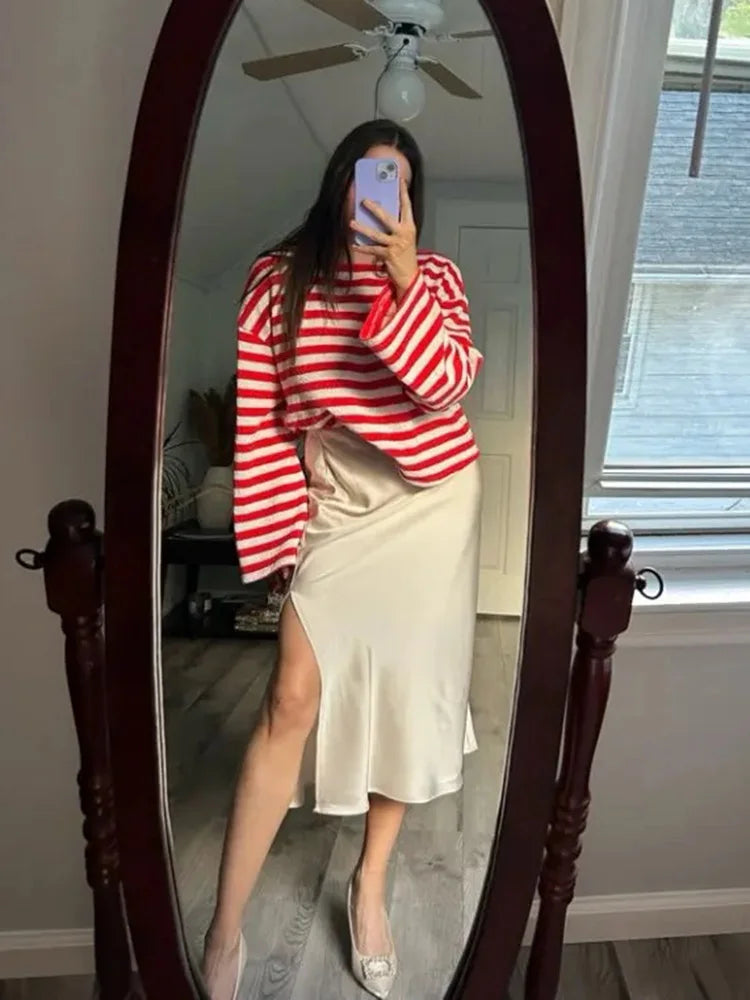 Green Satin Midi Skirts For Women Summer Elastic High Waist A Line Slit Skirt Midi Satin Silk Women Skirt With Slit Summer 2024