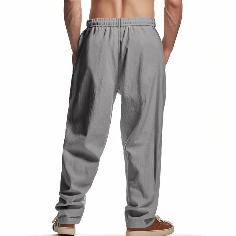 Men's Boho Linen Blend Wide Leg Pants High Waist Drawstring Button Fly Loose Fit Trousers with Side Pockets
