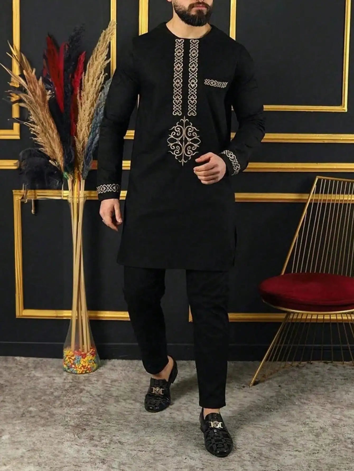 Wedding Suit For Men White Embroidered Pocket Top Pants Ensemble Homme African Traditional Casual Wear 2Pcs Sets Kaftan Outfits