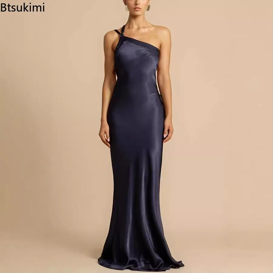 2026 Sexy Backless Maxi Dress Women's Solid Sleeveless Skew Collar Off-shoulder Elegant Party Evening Dresses for Ladies Vestido