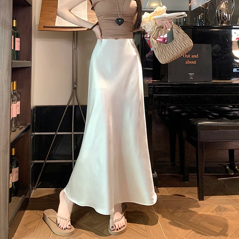 Satin Midaxi Skirt For Women Flowy Mermaid Trumpet Hem, High Waist, A Line Fit Spring Summer Autumn New Skirts