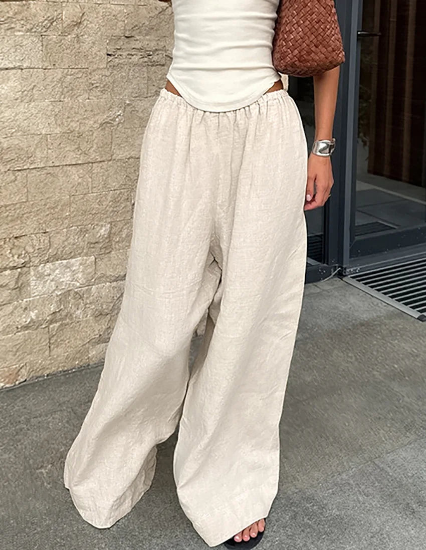 2025 Summer Linen Wide Leg Pants Women Casual Loose Pocket Trousers Office Commuter
